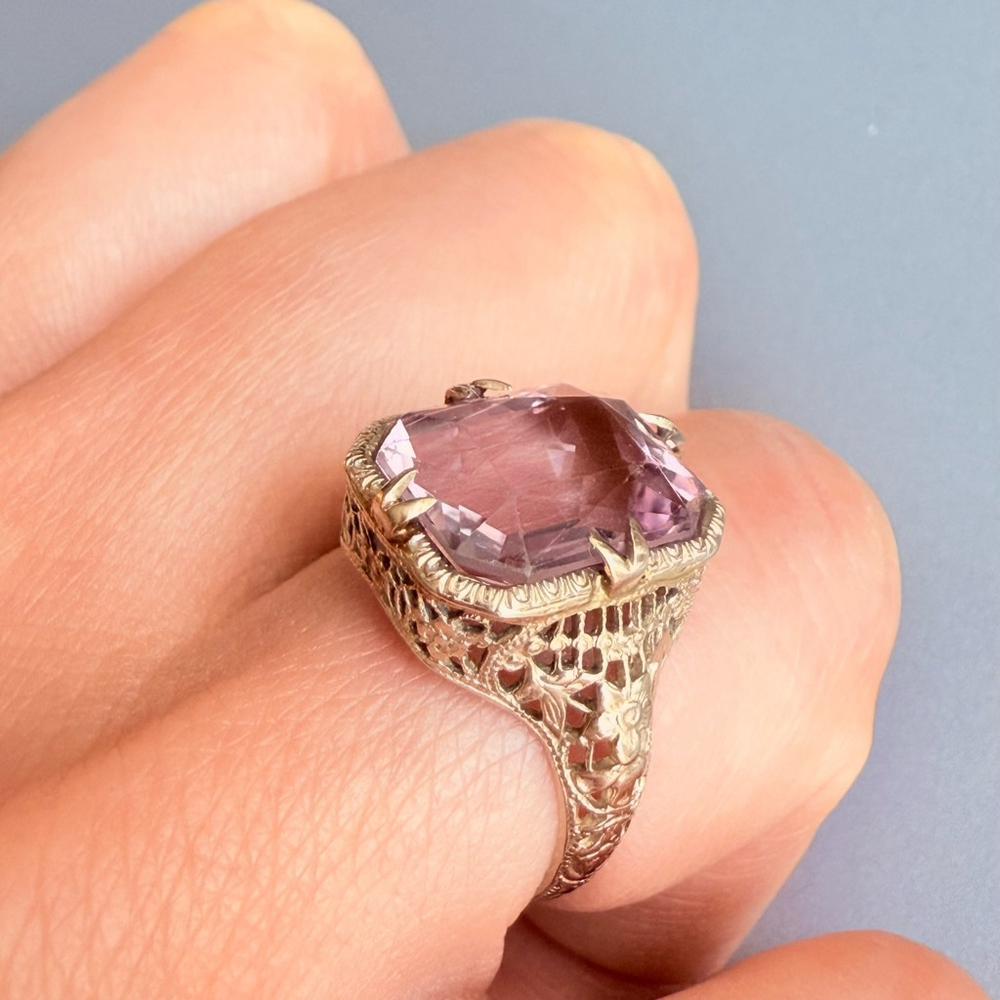Estate 14K White Gold Antique Art Deco 5 CT Emerald Cut Amethyst Ring - Picture 7 of 13